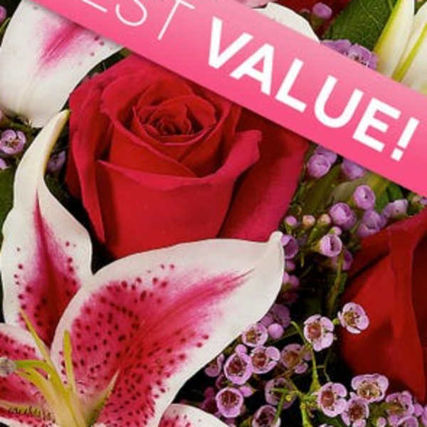 Red roses and pink lilies with a pink ribbon reading "BEST VALUE!"