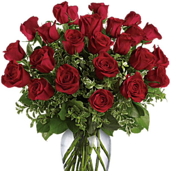 Bouquet of red roses in a clear glass vase