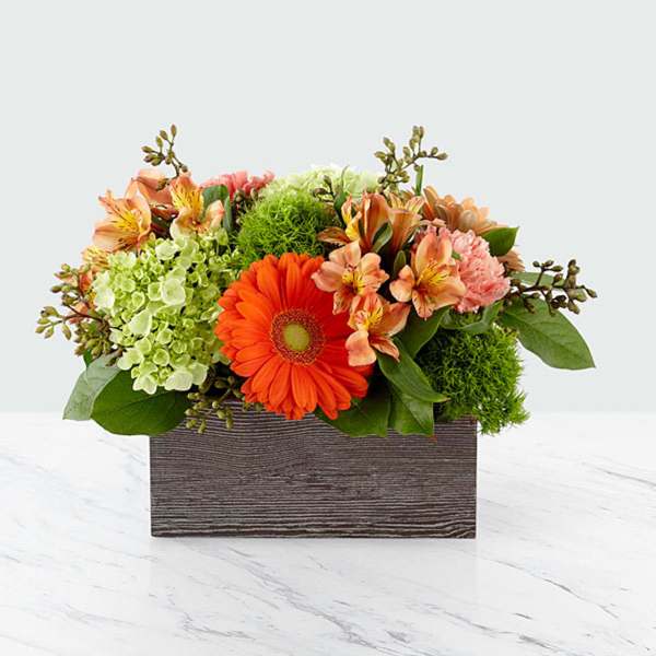 Orange gerbera bouquet in a wooden box with green hydrangea and alstroemeria