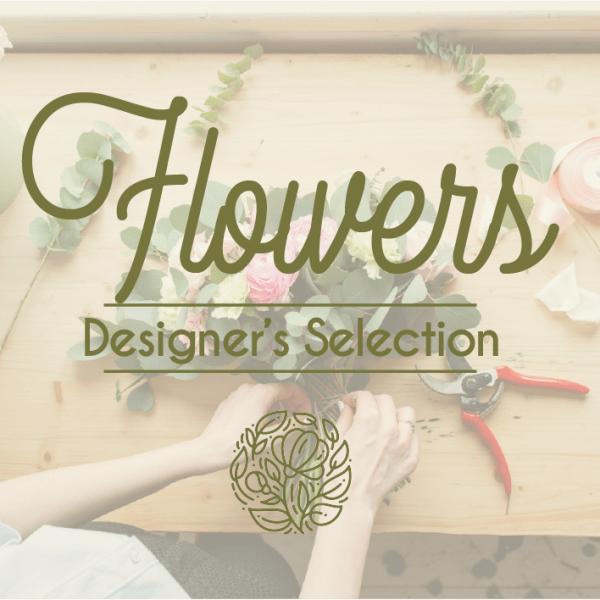 Floral design workspace with a bouquet and the words "Flowers Designer's Selection"