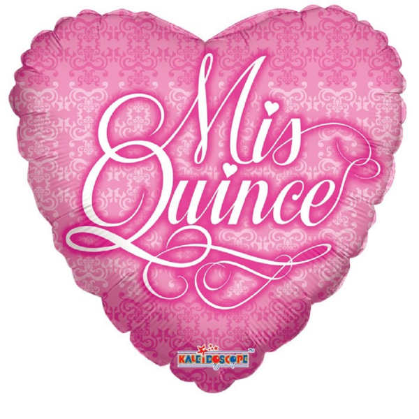 Pink heart-shaped balloon with the words "Mis Quince"