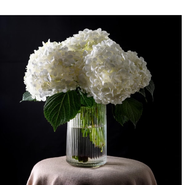 White hydrangea bouquet in a ribbed glass vase