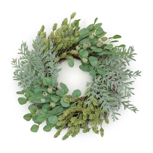 Green foliage wreath with eucalyptus and seed pods