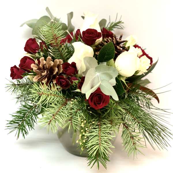 Red and white roses arranged with pinecones and evergreen branches in a vase