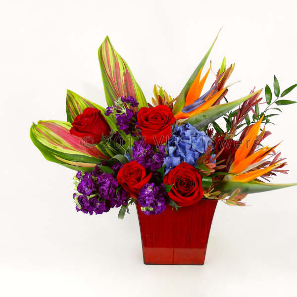 Tropical bouquet with red roses and purple flowers in a red vase