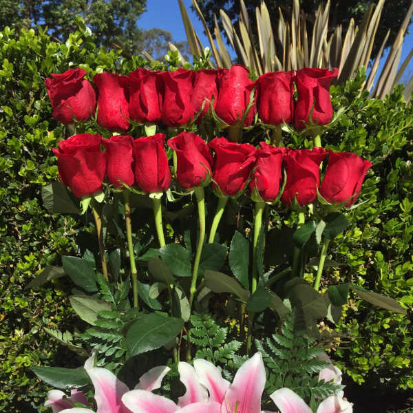 Red roses above pink-and-white lilies in a glass vase