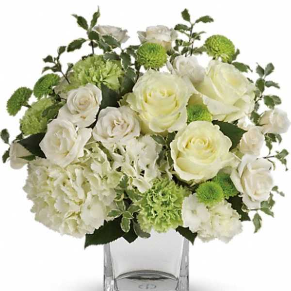 White roses and green mums arranged in a clear glass vase