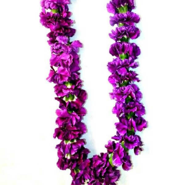 Purple carnation flower garland with matching ribbon bow at the top