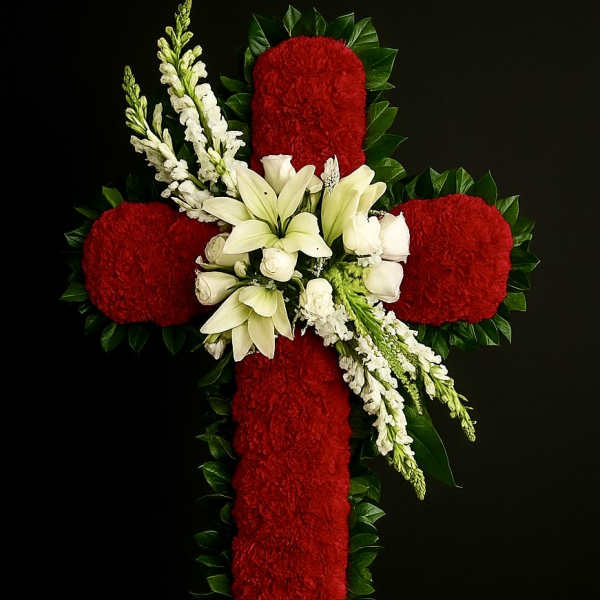Standing red floral cross with white lilies and roses on a wooden easel