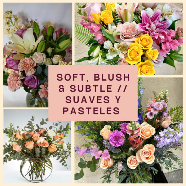 Collage of pastel floral bouquets with roses, lilies, and mixed blooms