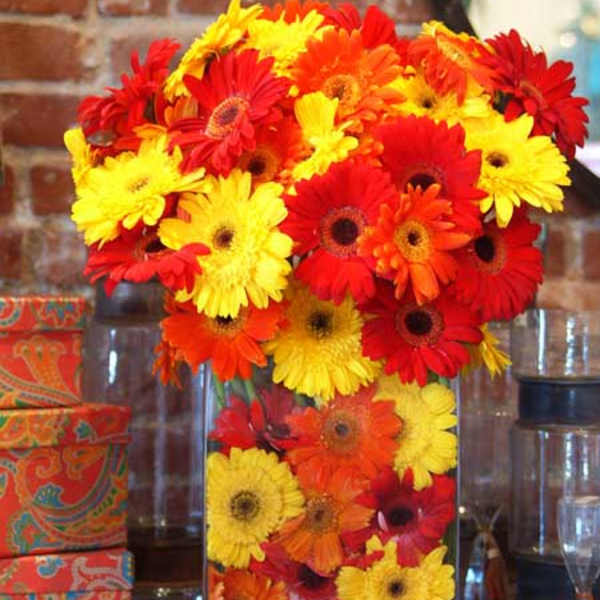 Bright gerbera daisy arrangement in a clear rectangular vase