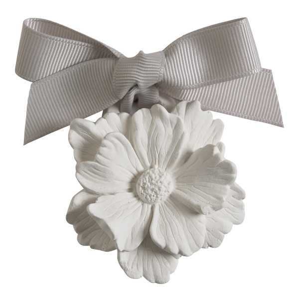 White flower ornament with a gray ribbon bow