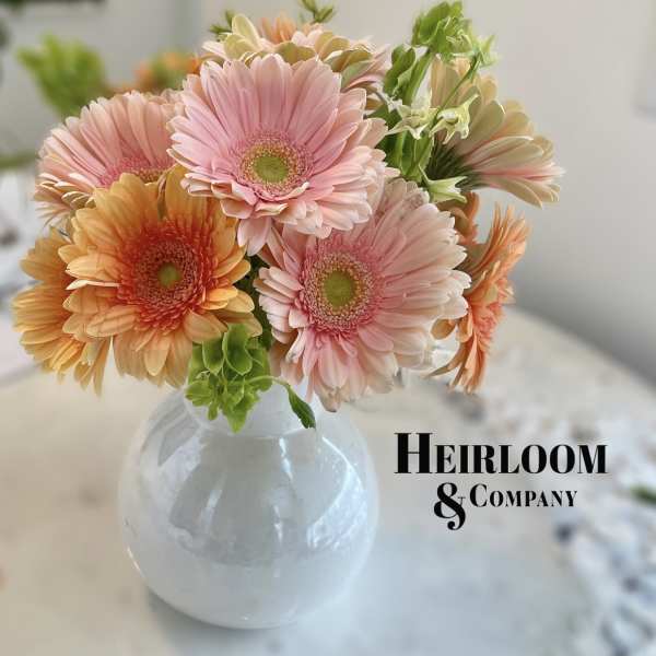 Pink and peach gerbera daisies in a clear round vase