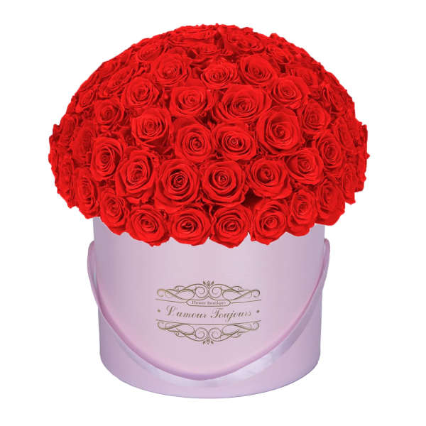Red rose bouquet in a lavender round box