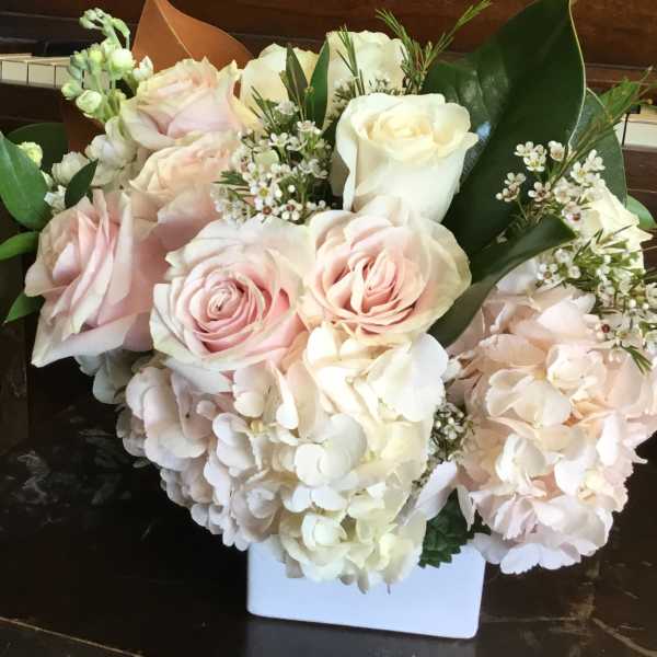 Blush and white rose bouquet with hydrangeas in a white box