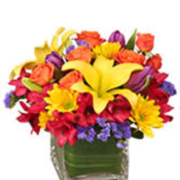 Colorful mixed bouquet in a square glass vase