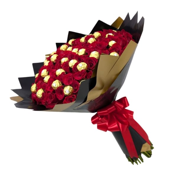 Bouquet of red roses with gold-wrapped chocolates and a red ribbon