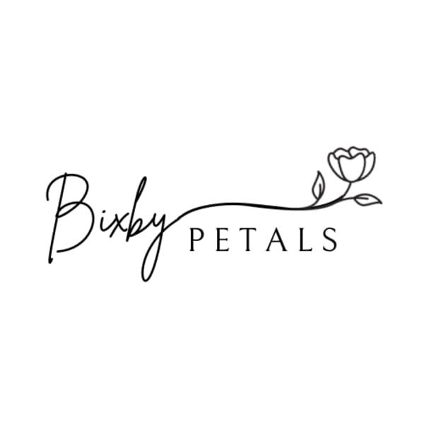 Black floral logo reading Bixby Petals with a line-drawn flower