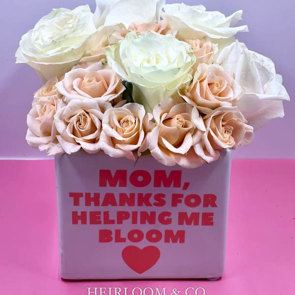 White and blush roses in a square gift box with a Mother's Day message