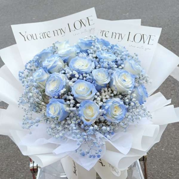 Blue and white rose bouquet with baby's breath in white wrap