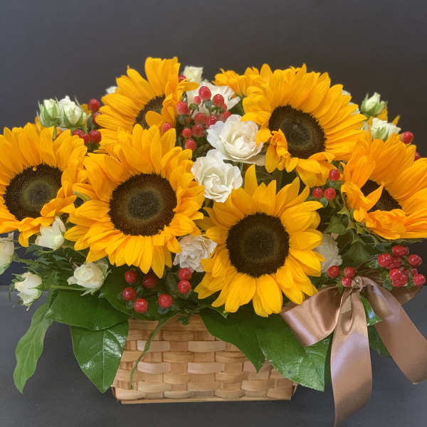 Sunflower arrangement in a woven basket with white roses and red berries