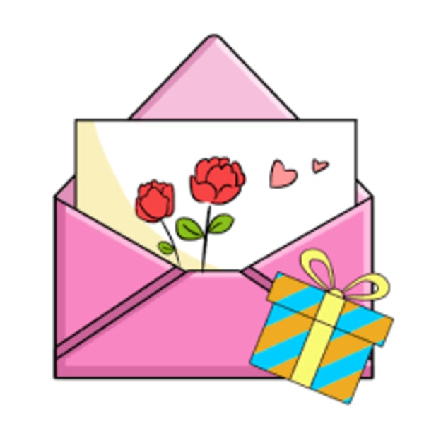 Pink envelope with a card showing red flowers and a gift box