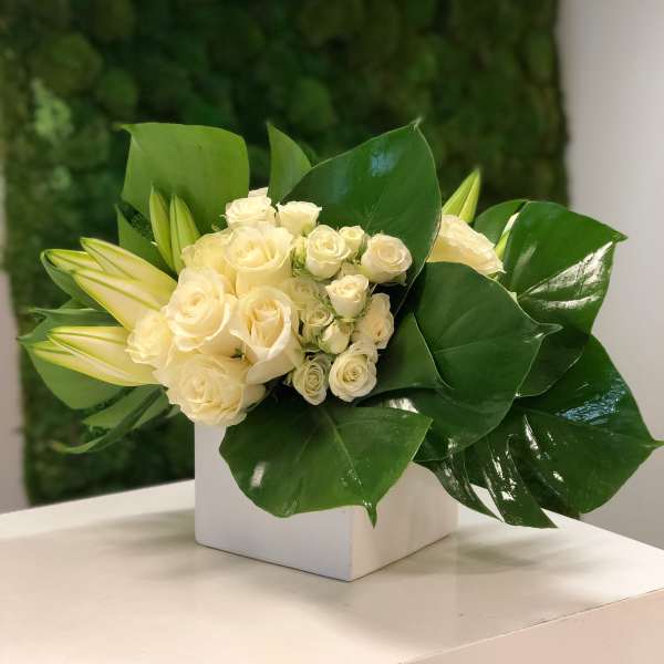 Compact arrangement of ivory roses and lilies with large glossy green leaves in a white cube vase