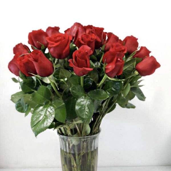 Bouquet of red roses in a clear glass vase
