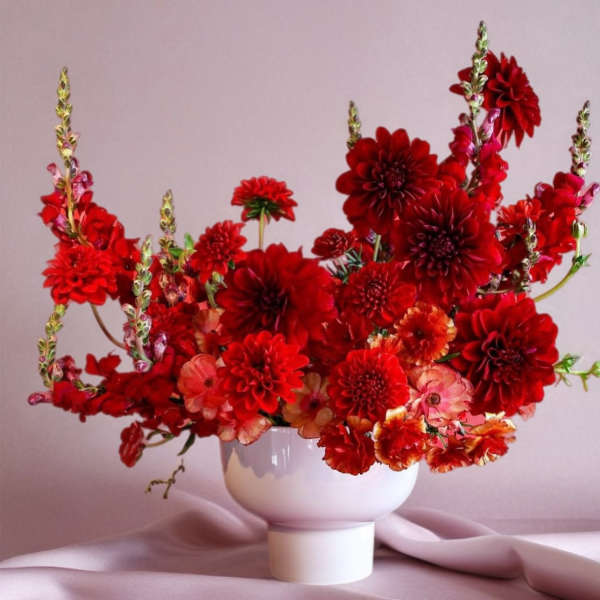 Red and orange flower arrangement in a white pedestal vase