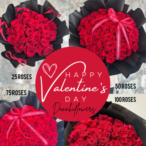 Bouquets of red roses wrapped in black paper with pink ribbons