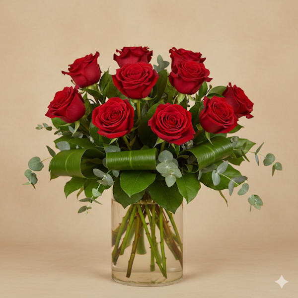 Red roses arranged in a clear glass vase with greenery
