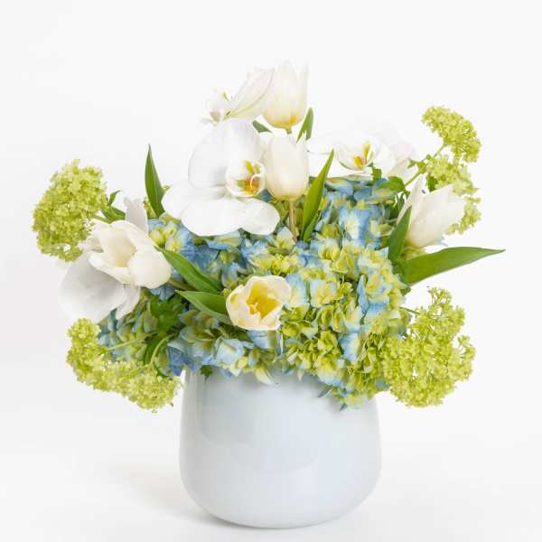 White tulips and orchids in a white vase with blue hydrangeas