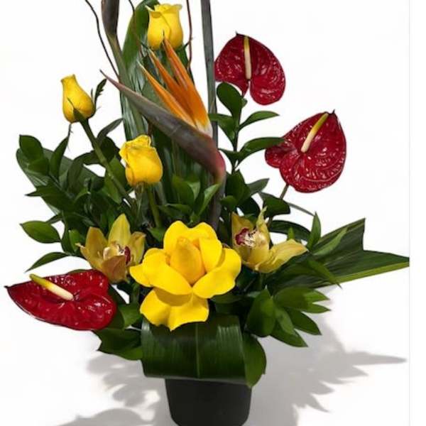Tropical flower arrangement with yellow roses and bird-of-paradise in a black vase