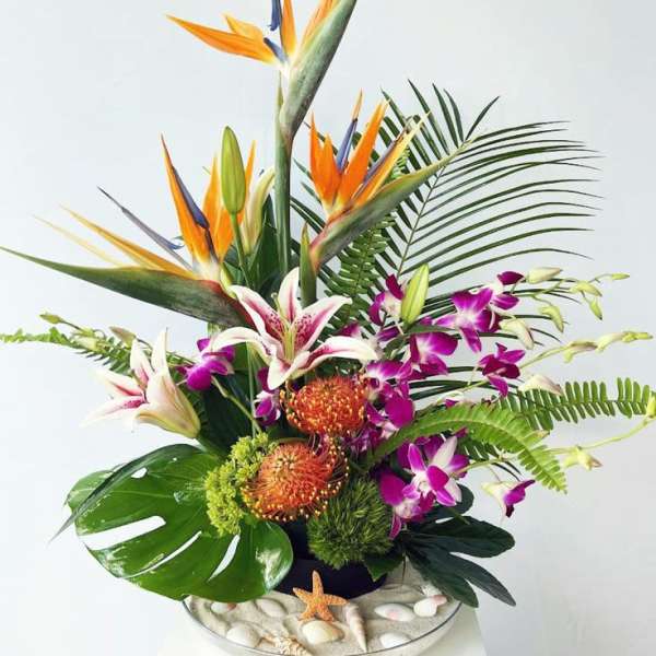 Tropical flower arrangement with orange bird-of-paradise and purple orchids in a low container