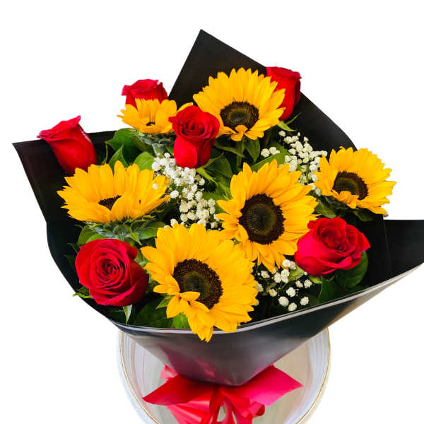 Bouquet of red roses and yellow sunflowers wrapped in black paper