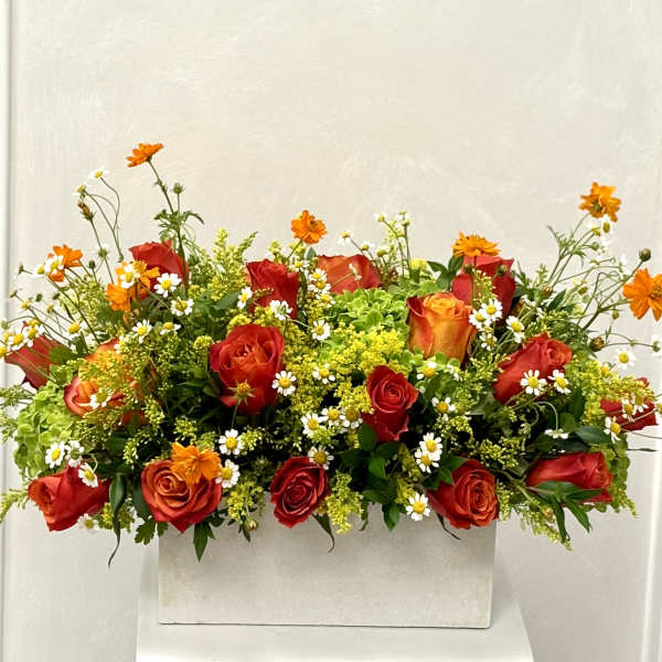 Red and orange roses with small white daisies in a white rectangular container