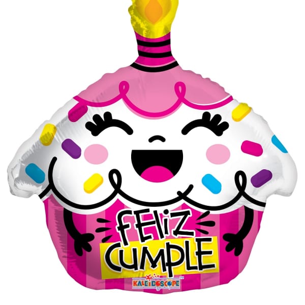 Cupcake-shaped birthday balloon with "Feliz Cumple" text