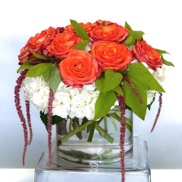 Orange roses in a clear glass vase with white hydrangeas and trailing burgundy accents