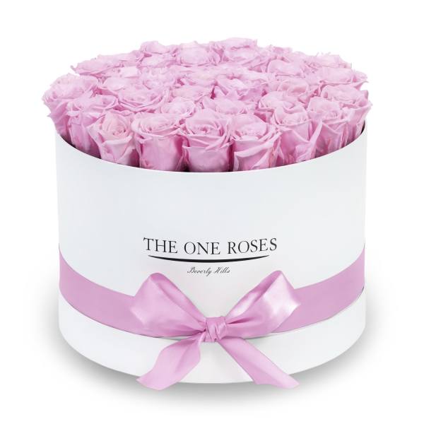 Round box of pink roses with a pink ribbon bow