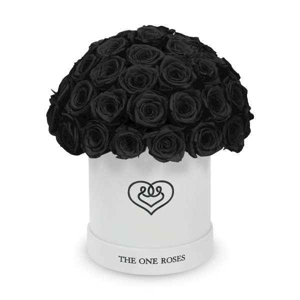 Black roses arranged in a white hat box