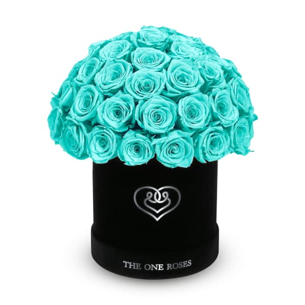 Turquoise roses arranged in a black hat box