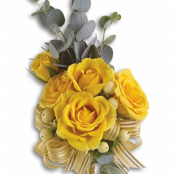 Yellow rose bouquet with eucalyptus and gold ribbon