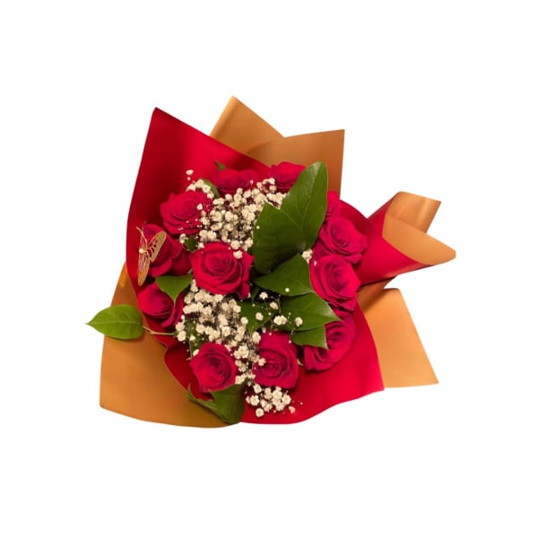 Bouquet of red roses with baby's breath in red and gold wrapping