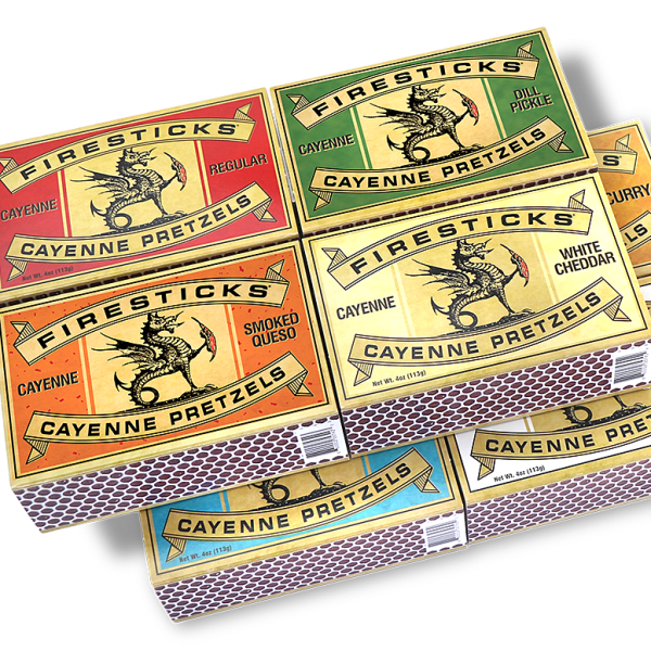 Stack of Firesticks cayenne pretzel boxes