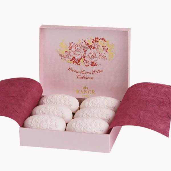 Pink gift box with six white oval soaps