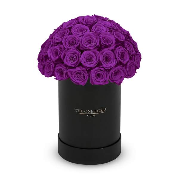 Purple rose bouquet in a black cylindrical box