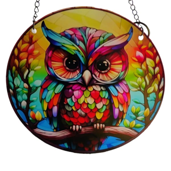 Colorful owl wall hanging with a chain hanger