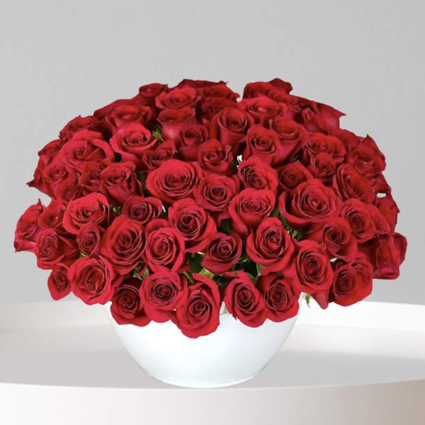 A large bouquet of red roses in a white bowl vase.