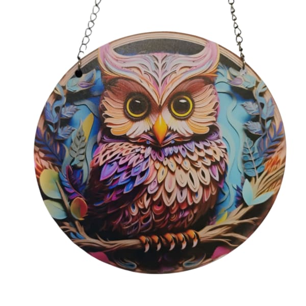 Round hanging owl wall plaque with colorful illustrated design