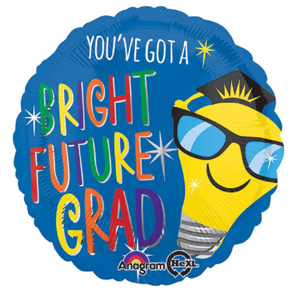 Blue graduation balloon with "You've Got a Bright Future Grad" text and a smiling lightbulb in sunglasses